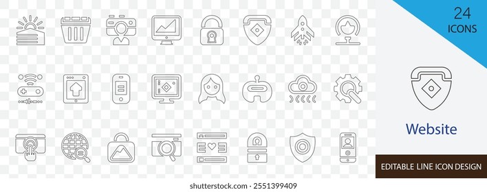 Website editable line icon set. containing user experience,  homepage, security, e- commerce, internet, sitemap and vector icons