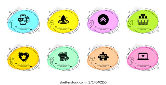 Website education, Augmented reality and Ranking star signs. Timeline infographic. Quick tips, Cashback card and Swipe up line icons set. Employees group, Fuel energy symbols. Vector