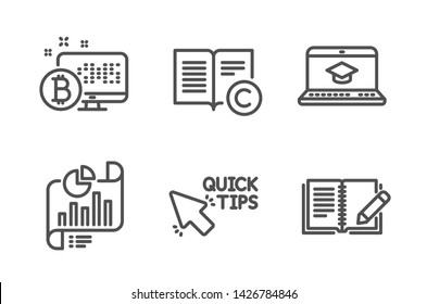 Website education, Bitcoin system and Quick tips icons simple set. Report document, Copyright and Feedback signs. Video learning, Cryptocurrency monitor. Science set. Line website education icon