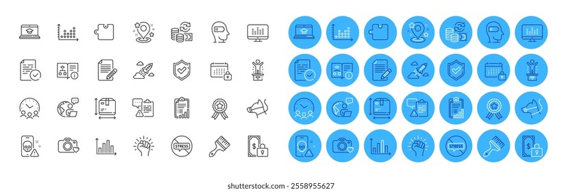 Website education, Dot plot and Diagram graph line icons pack. Meeting time, Puzzle, Pin web icon. Clipboard, Checklist, Box size pictogram. Private payment, Technical algorithm, Calendar. Vector