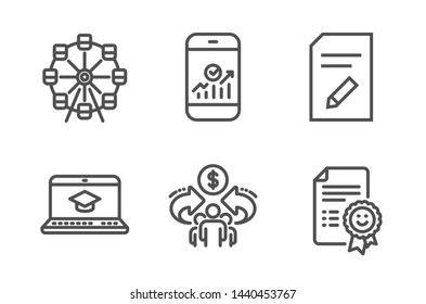 Website education, Ferris wheel and Smartphone statistics icons simple set. Sharing economy, Edit document and Smile signs. Video learning, Attraction park. Technology set. Line website education icon