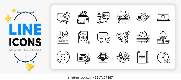 Website education, Info and Build line icons set for app include Recruitment, Employees messenger, Dollar money outline thin icon. Certificate, Teamwork process, Money pictogram icon. Vector