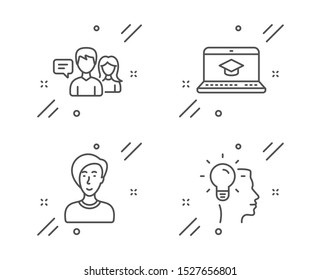 Website education, People talking and Businesswoman person line icons set. Idea sign. Video learning, Contact service, Female user. Professional job. Line website education outline icon. Vector