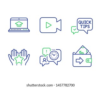 Website education, Quick tips and Video camera line icons set. Ranking, Time management and Wallet signs. Video learning, Helpful tricks, Movie or cinema. Hold star. Education set. Vector