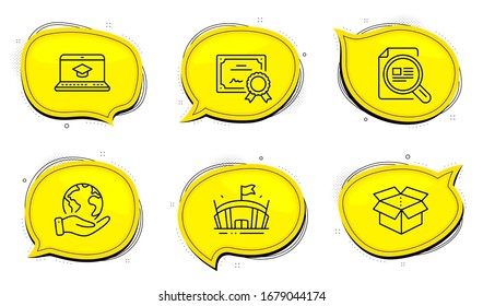 Website education sign. Diploma certificate, save planet chat bubbles. Arena, Open box and Check article line icons set. Sport stadium, Delivery package, Magnifying glass. Video learning. Vector