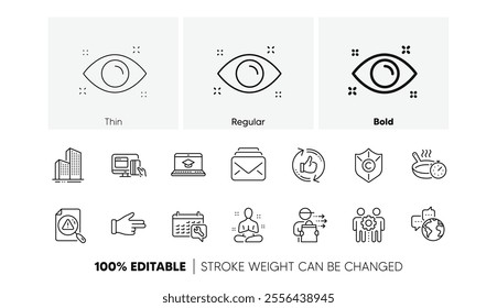 Website education, Skyscraper buildings and World communication line icons. Pack of Frying pan, Spanner, Copyright protection icon. Online payment, Mail, Click hand pictogram. Yoga. Line icons. Vector