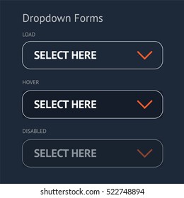 Website element. Drop down forms. Dark background.