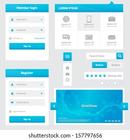 Website elements - design template for your web page - blue and white color - member login, register, dropdown menu, slideshow, search box, buttons, ratings