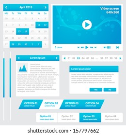 Website elements - design template for your web page - blue and white color - calendar, pagination, video player, horizontal menu, scroll bars, dialog box