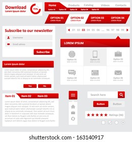 Website elements - design template for your web page - red and white color - download, horizontal menu, pagination, subscribe, dialog, vertical menu, buttton, search, check, radio and ratings