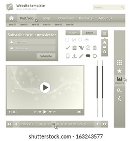 Website elements - design template for your web page - video player, pagination, vertical menu, horizontal menu, search box, inputs radio, subscribe