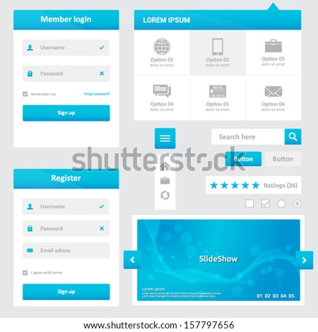 Website elements - design template for your web page - blue and white color - member login, register, dropdown menu, slideshow, search box, buttons, ratings