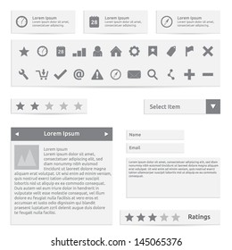 Website elements, form, icons and options | color white and gray | abstract vector design | web template