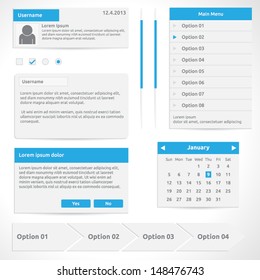 Website elements, options calendar dialog box steps input radio and slider | color white and blue | abstract vector design | web template