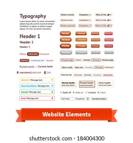 Website elements for web designers. Almost all site elements from menu and buttons to typography and alert messages. EPS10.