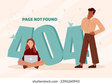 Website error 404 concept. Page not found. Man and woman near big numbers. Broken link and wrong address. Technical specialists and programmers at banner. Cartoon flat vector illustration