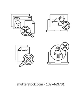Website errors linear icons set. Unauthorized access, version not supported, page not found, no results customizable thin line contour symbols. Isolated vector outline illustrations. Editable stroke