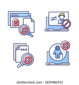 Website Errors RGB Color Icons Set. Unauthorized Access, Version Not Supported, 404 Page Not Found And No Results Notifications. Isolated Vector Illustrations