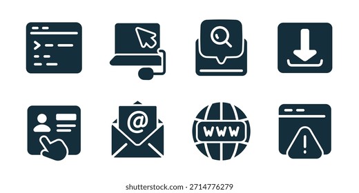 Website excellent icon collection. Set of code window, laptop cursor, search message, download button, user profile, email, web globe, alert page icons