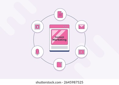 Website featuring content marketing at the center, surrounded by icons for social media, newsletters, email, video, eBook, and podcast, representing various content marketing strategies