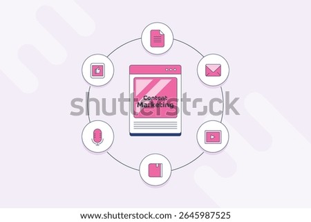 Website featuring content marketing at the center, surrounded by icons for social media, newsletters, email, video, eBook, and podcast, representing various content marketing strategies