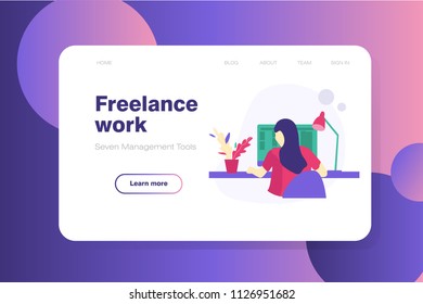 Website flat design concept with girl working on computer desk. Illustration for business, study infographics, online training, freelance. 