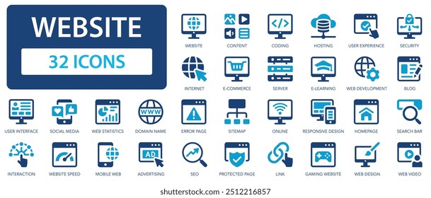 Conjunto de ícones planos do site. Servidor, conteúdo, link, hospedagem, e-commerce, conteúdo, codificação.