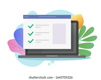 Website form with check list on laptop computer screen or pc with internet web check marks vector flat cartoon, illustrated screen with online ticks as quiz or survey, idea of to do list modern design