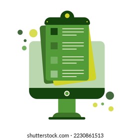 Formulario de sitio web con lista de verificación en la pantalla pc. Diferentes hojas que muestran el concepto de papeleo. Ilustración plana moderna.