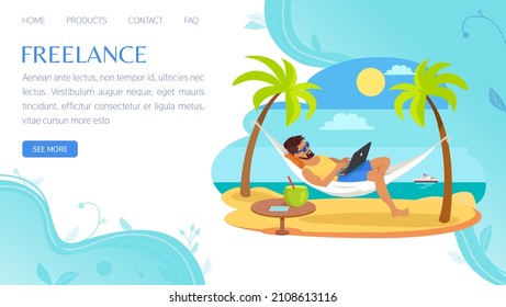 Sitio web para trabajos independientes o remotos en un equipo desde una plantilla de oficina doméstica. Calendario de trabajo conveniente durante las vacaciones o los fines de semana. Hombre trabajando remotamente mientras está tumbado en la hamaca en el centro turístico de verano