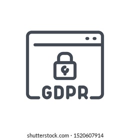 Website with GDPR secure line icon. Browser page with padlock vector outline sign.