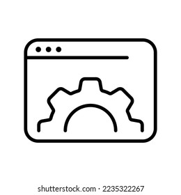 Website with gear. Computer, pencil, circular arrows, wrench, ruler, screwdriver, calculator, website, cube. Internet concept. Vector line icon on white background
