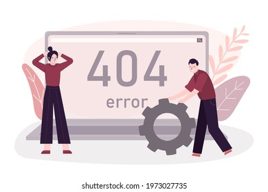 Website gives 404 error on laptop screen. Man roll large gear. Upset girl does not understand what to do. Problems with system or Internet. Need of web repairing. Webpage not found.Vector illustration