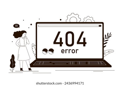 Website gives 404 error on laptop screen. Woman user thinking about problems with network or system. Upset girl does not understand what to do. Need of web repairing. Webpage not found. flat vector