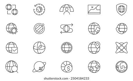 collection d'icônes de ligne globale et de site web. Carte du monde, connexions, global, entreprise, réseau, navigation et jeu d'icônes globe. Pack d'icônes de plan UI 