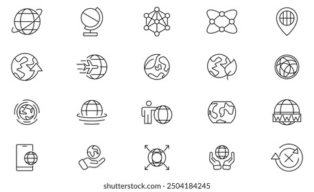 Website and global line icon collection. World Map, connections, global, business, network, navigation and globe icon set. UI outline icon pack 