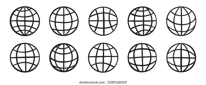 website globe doodle hand drawn icon. Outline drawing internet line clipart symbol. Vector illustration