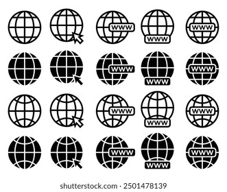 Website globe vector icon set. www symbol with arrow. go to website sign. visit website icon.