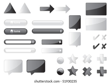 Website glossy icons. Set of black and grey buttons, input text fields, balloons