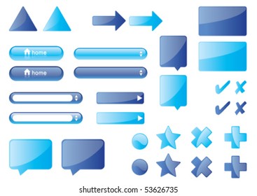 Website glossy icons. Set of blue buttons, input text fields, balloons