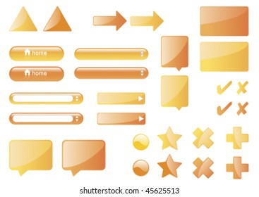 Website glossy icons. Set of yellow and orange buttons, input text fields, balloons.