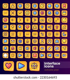 Website glossy ui button with pixelated color icon big set. Editable 8bit graphic element on shiny glass rectangle shape. Isolated images collection for arcade, video game design. Poppins font used