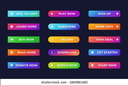 Website gradient button set. Abstract web action buttons vivid colors isolated dark background. Vector illustration