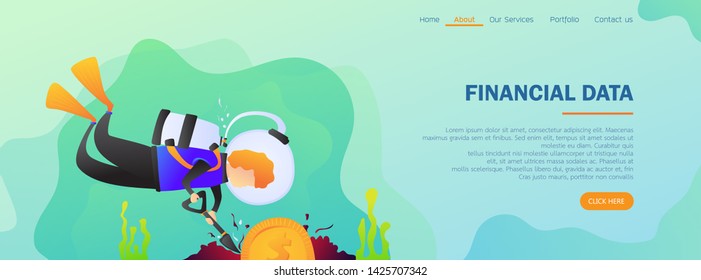 Website gradient design template, Diver holding shovel digging coin underwater, Financial concept, Landing page concept for website and mobile development, illustrator element