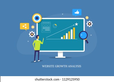 Website growth analysis, digital marketing analytics, website traffic - flat design vector illustration with icons and character