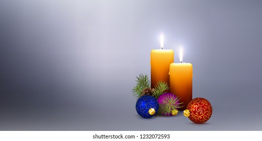 Website Head Panorama with Two Orange Candles on Silver / Gray Background. Realistic 3D Vector Illustration with 2 Candles and Christmas Decoration for XMAS Season.