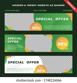 Website header or ad banner design template. Editable and full vector. Abstract liquid gradient with green and Orange color combination.