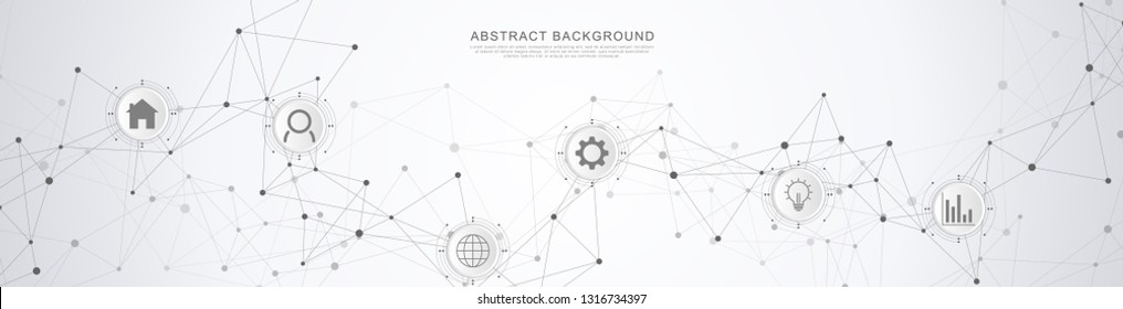 Website header or banner design with abstract geometric background and connecting dots and lines. Global network connection. Digital technology with plexus background and space for your text