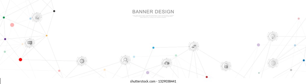 Website header or banner design with abstract geometric background and connecting dots and lines. Global network connection. Digital technology with plexus background and space for your text
