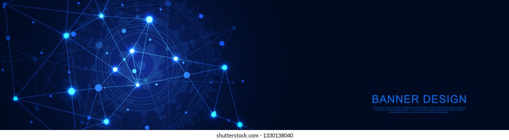 Website header or banner design with abstract geometric background and connecting dots and lines. Global network connection. Digital technology with plexus background and space for your text